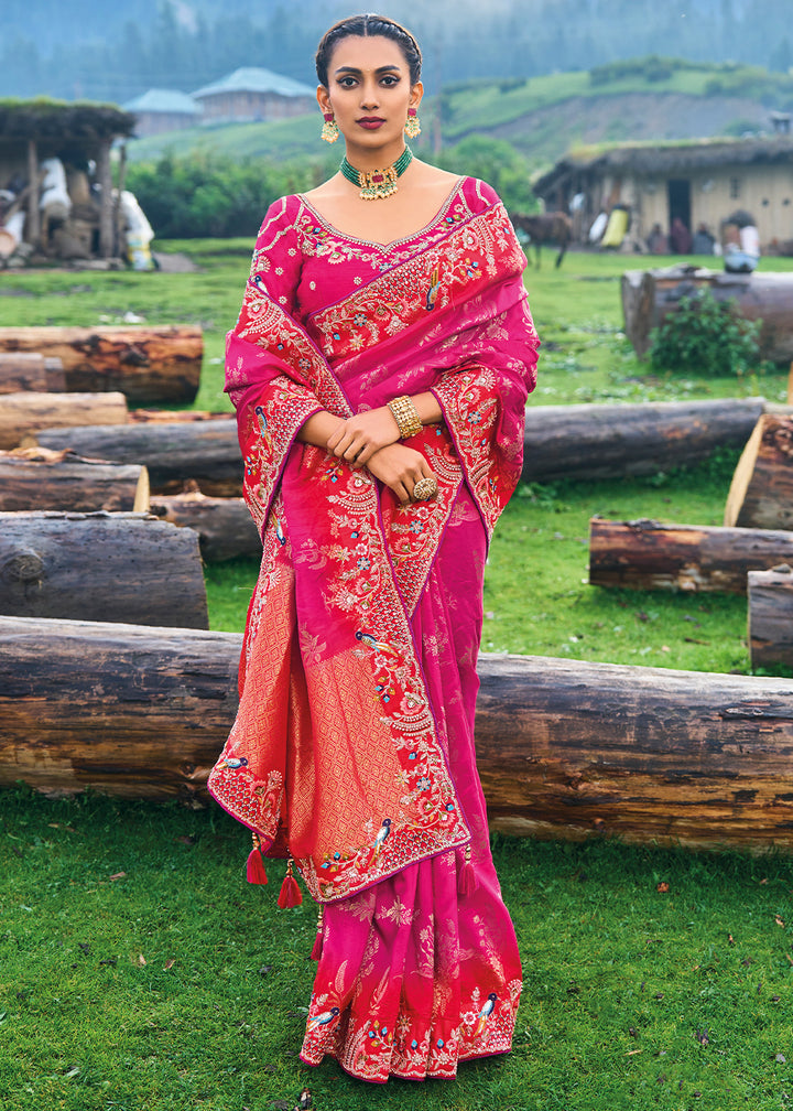 Cerise Pink Dola Silk Saree with Intricate Embroidery work