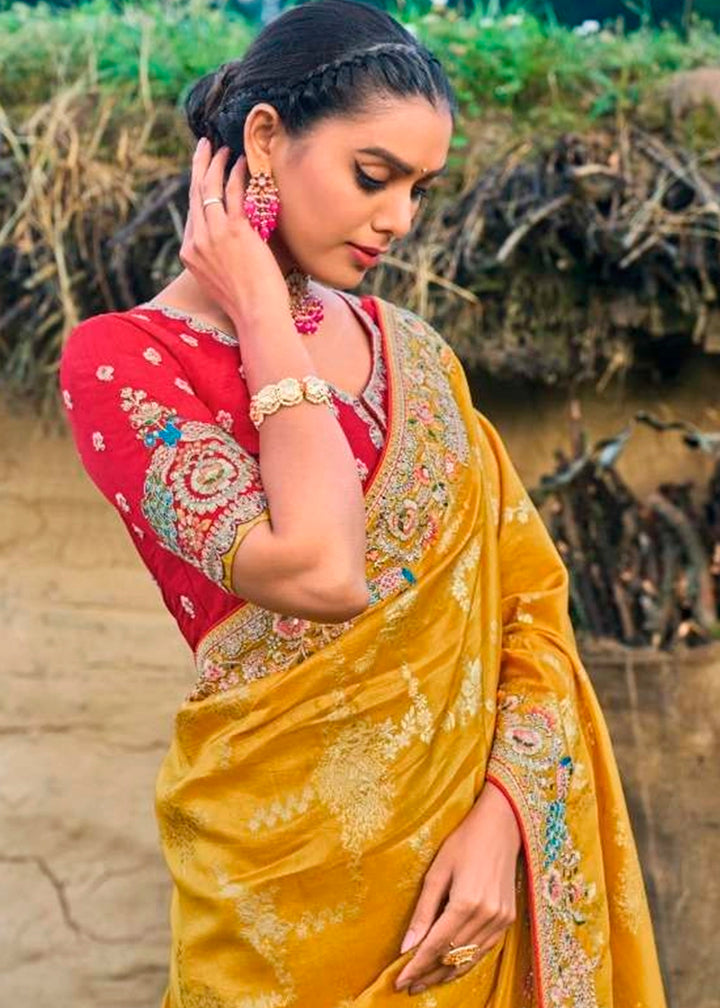 Butterscotch Yellow Dola Silk Saree with Intricate Embroidery work