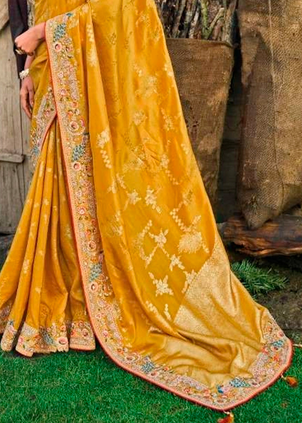 Butterscotch Yellow Dola Silk Saree with Intricate Embroidery work