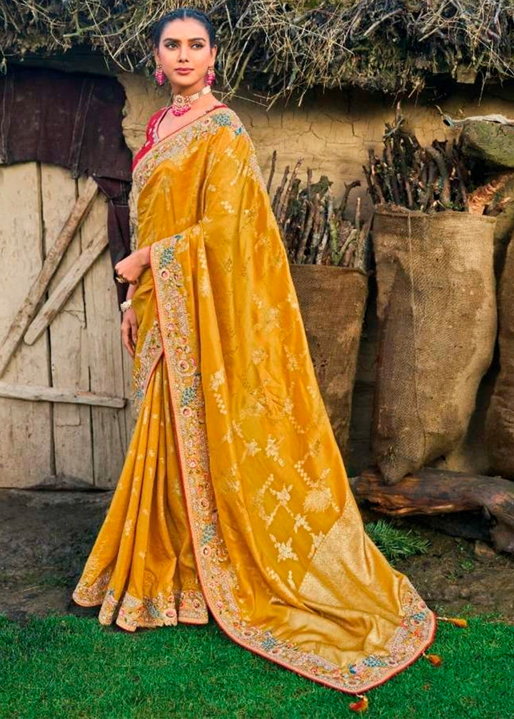 Butterscotch Yellow Dola Silk Saree with Intricate Embroidery work