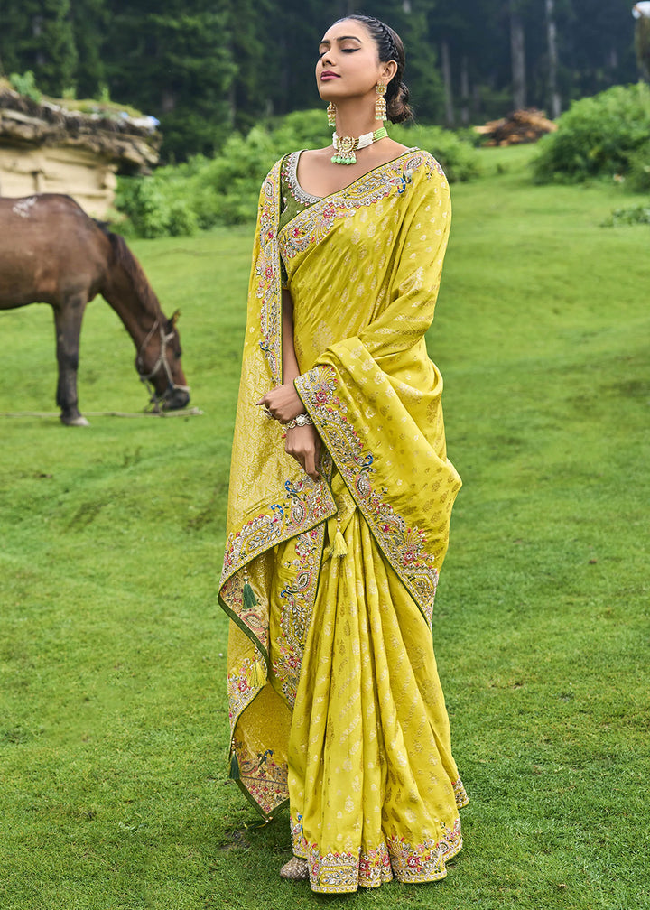 Cadmium Yellow Dola Silk Saree with Intricate Embroidery work