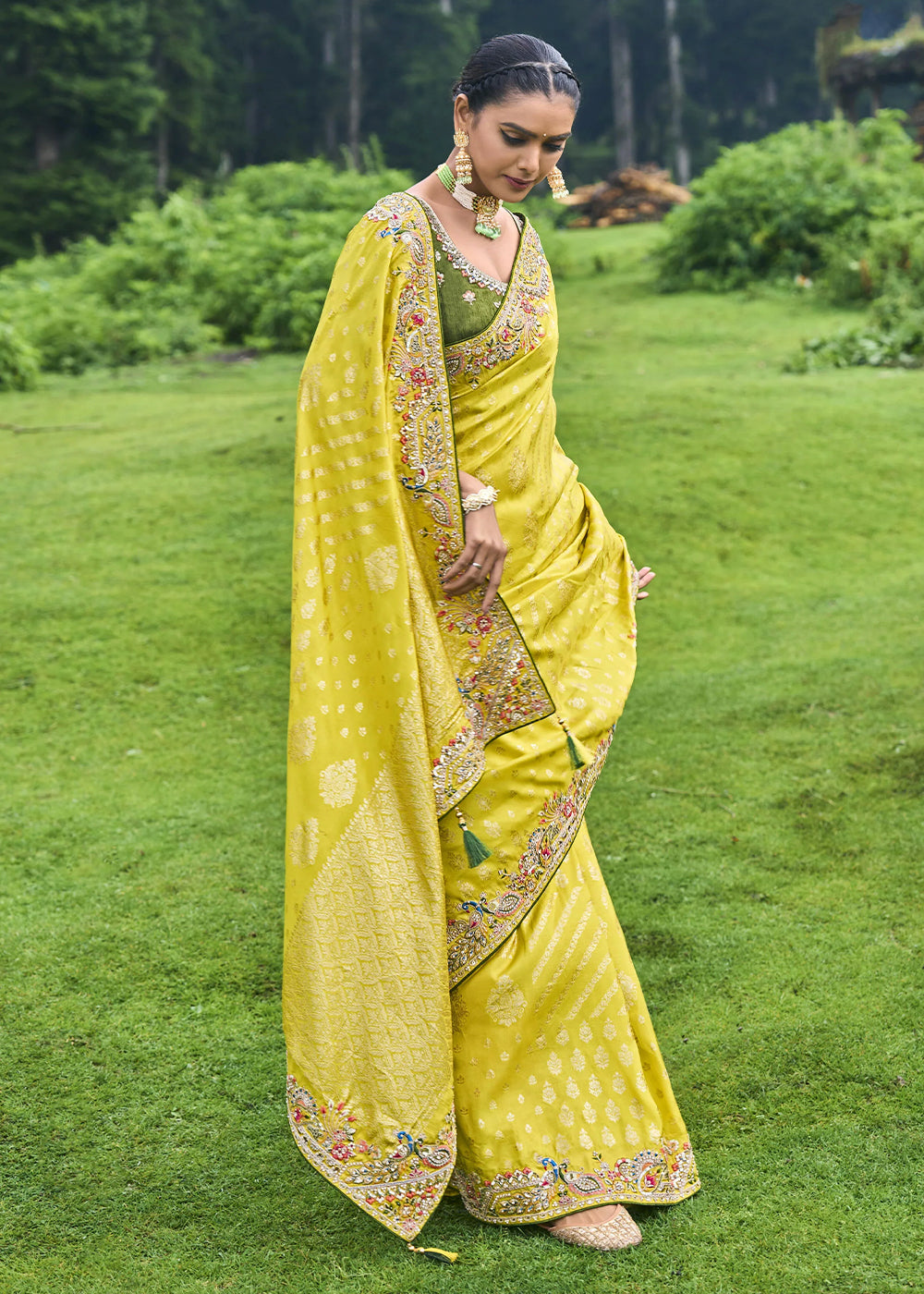 Cadmium Yellow Dola Silk Saree with Intricate Embroidery work