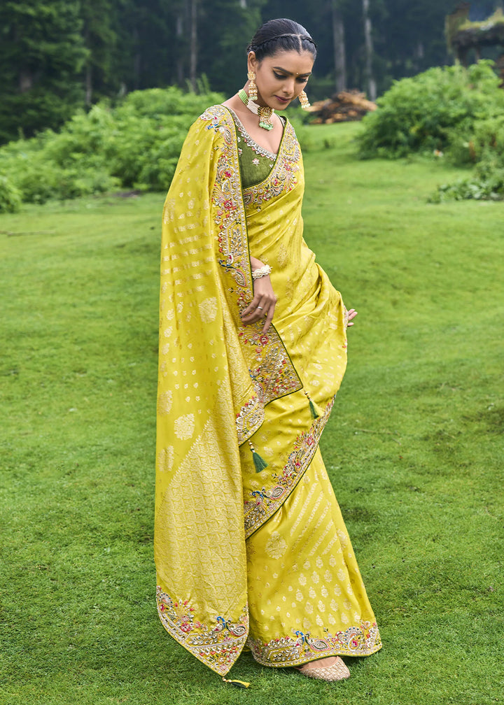 Cadmium Yellow Dola Silk Saree with Intricate Embroidery work