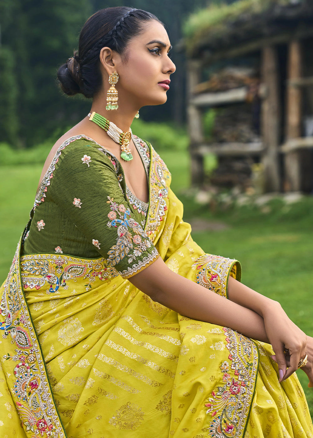 Cadmium Yellow Dola Silk Saree with Intricate Embroidery work