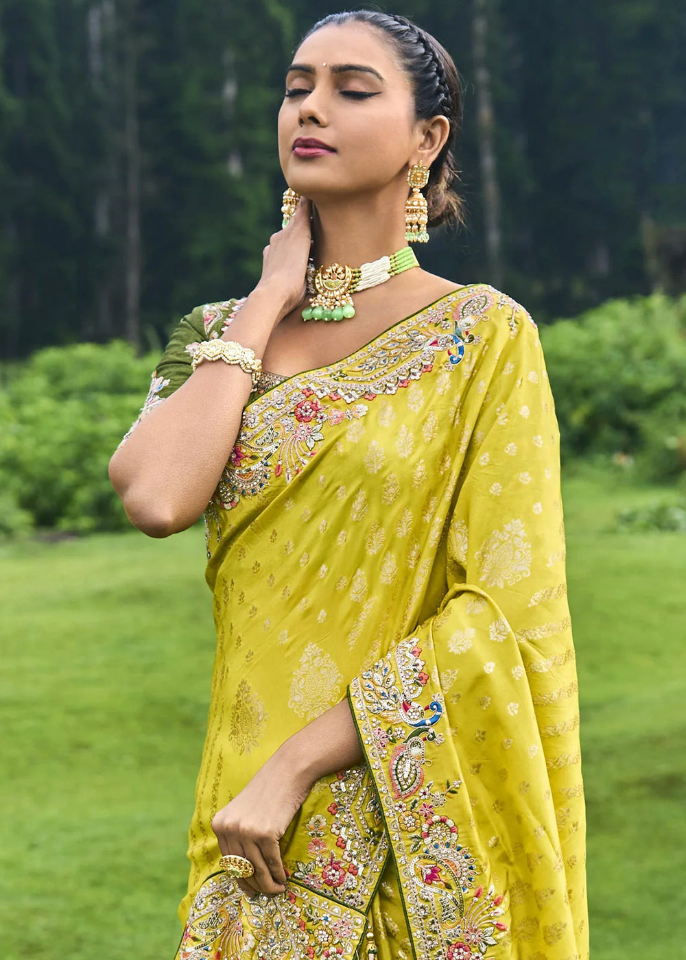 Cadmium Yellow Dola Silk Saree with Intricate Embroidery work