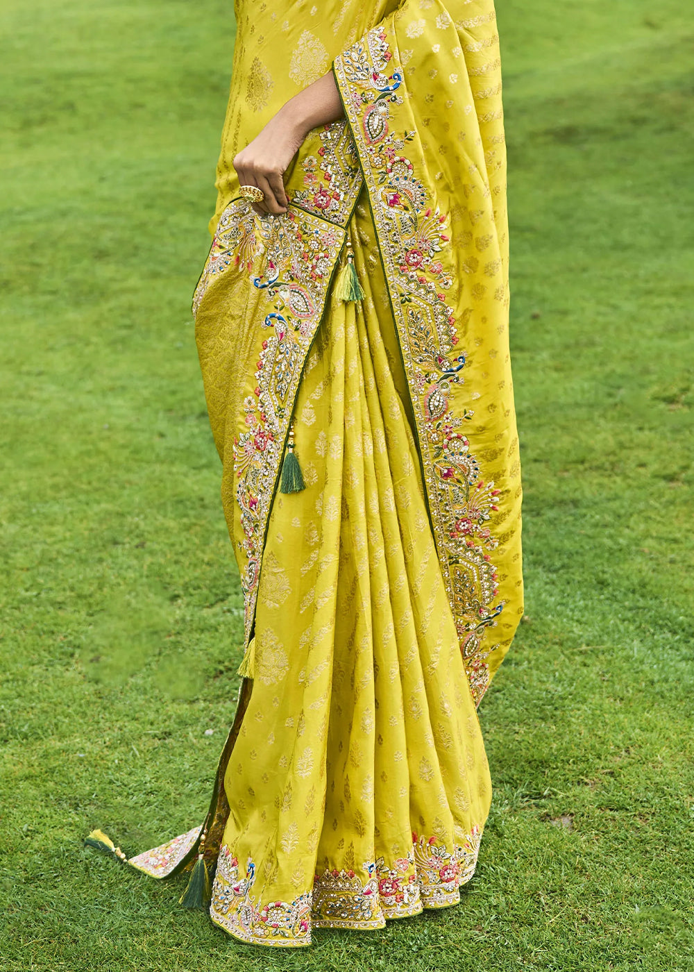 Cadmium Yellow Dola Silk Saree with Intricate Embroidery work