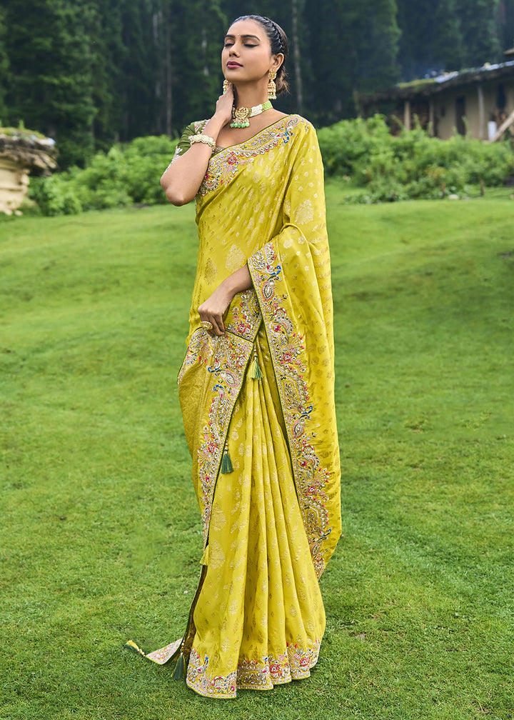 Cadmium Yellow Dola Silk Saree with Intricate Embroidery work