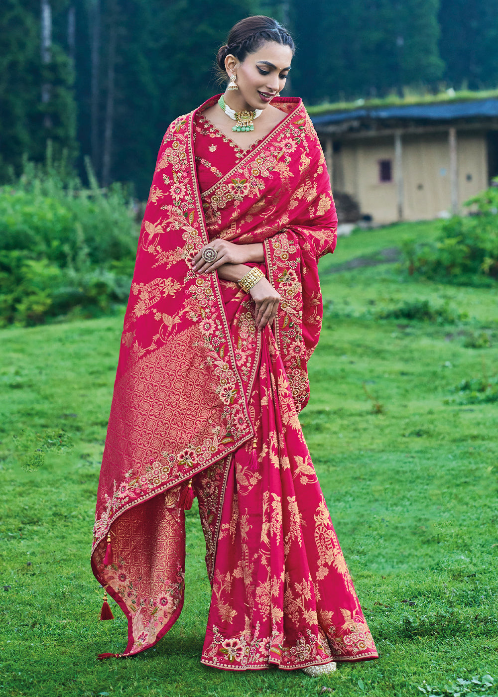 Crimson Red Dola Silk Saree with Intricate Embroidery work