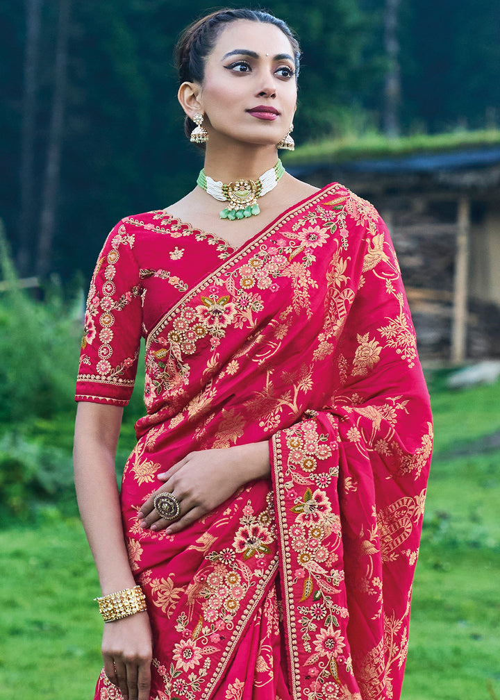 Crimson Red Dola Silk Saree with Intricate Embroidery work