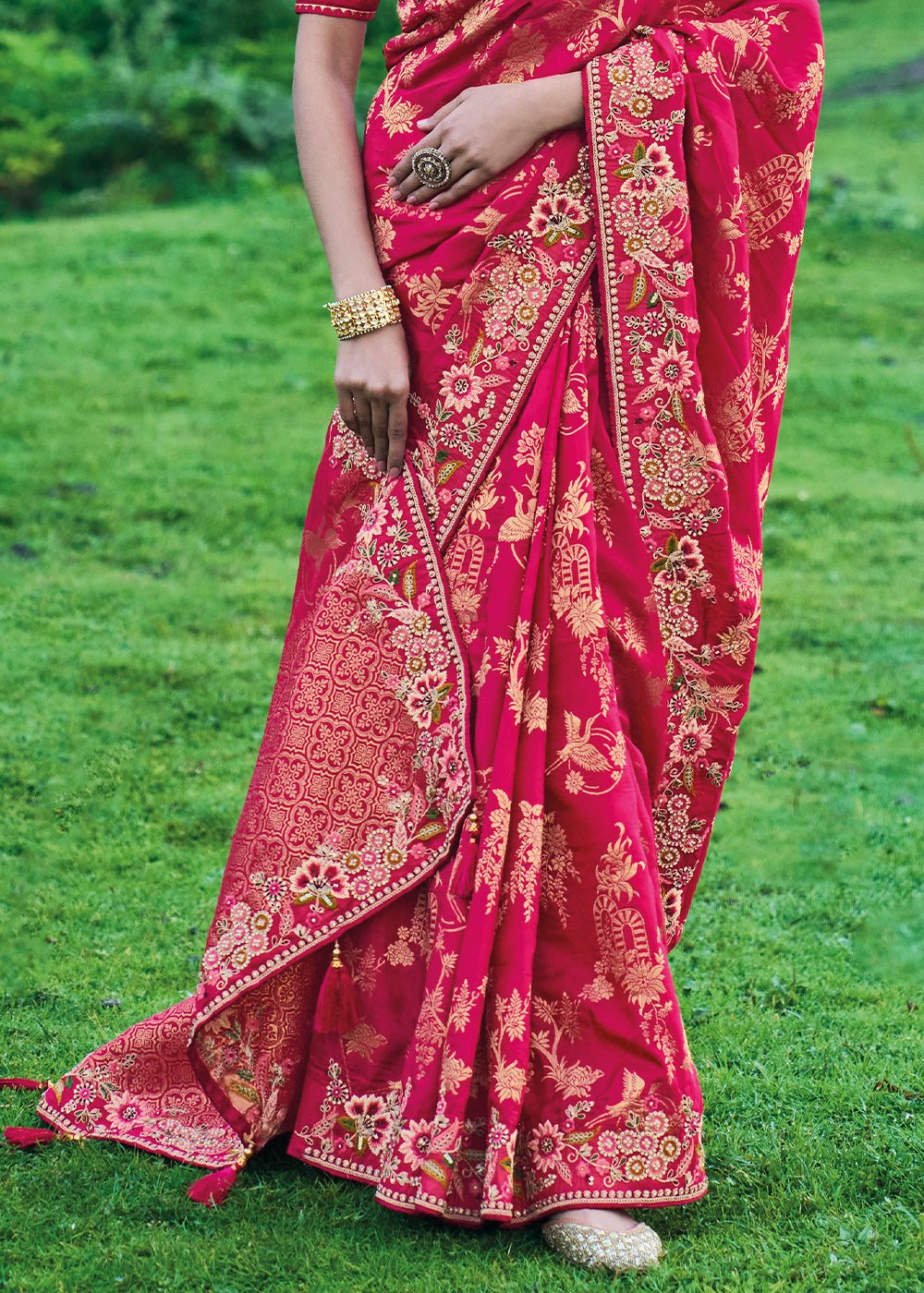 Crimson Red Dola Silk Saree with Intricate Embroidery work