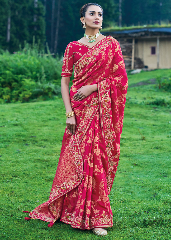 Crimson Red Dola Silk Saree with Intricate Embroidery work