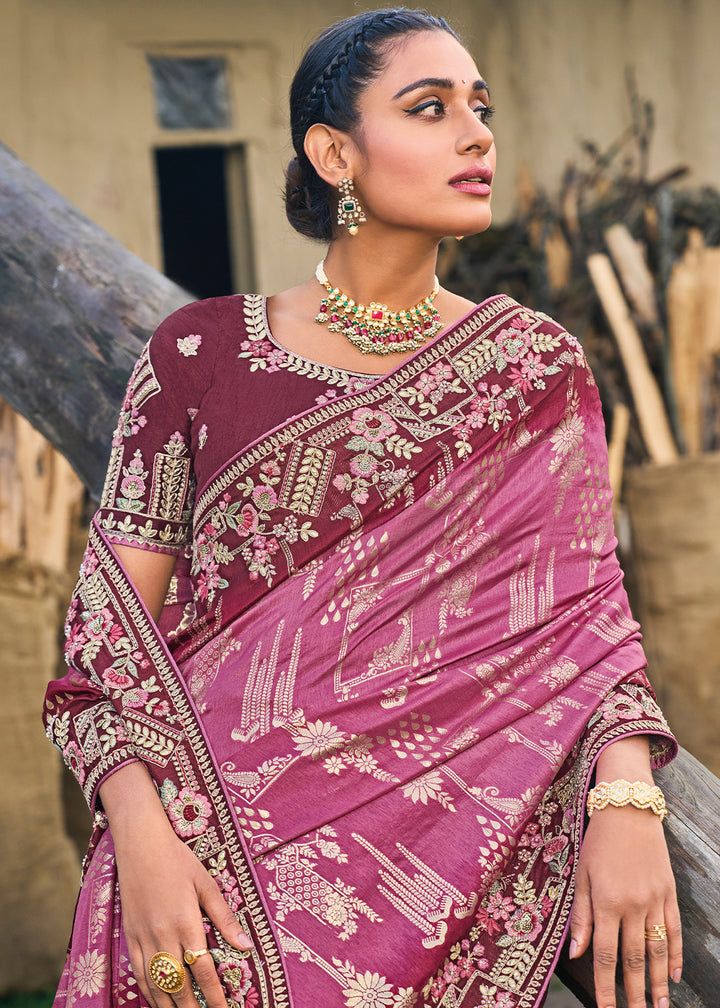 Tyrian Purple Dola Silk Saree with Intricate Embroidery work