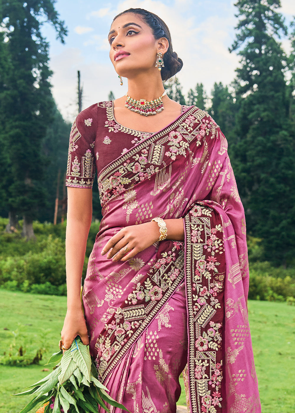 Tyrian Purple Dola Silk Saree with Intricate Embroidery work