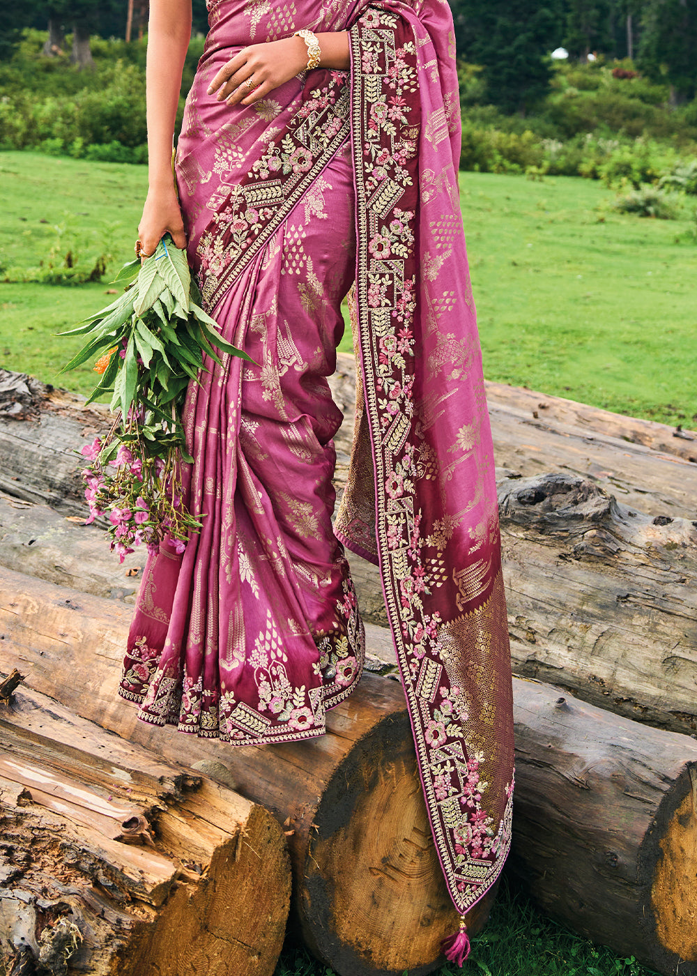 Tyrian Purple Dola Silk Saree with Intricate Embroidery work