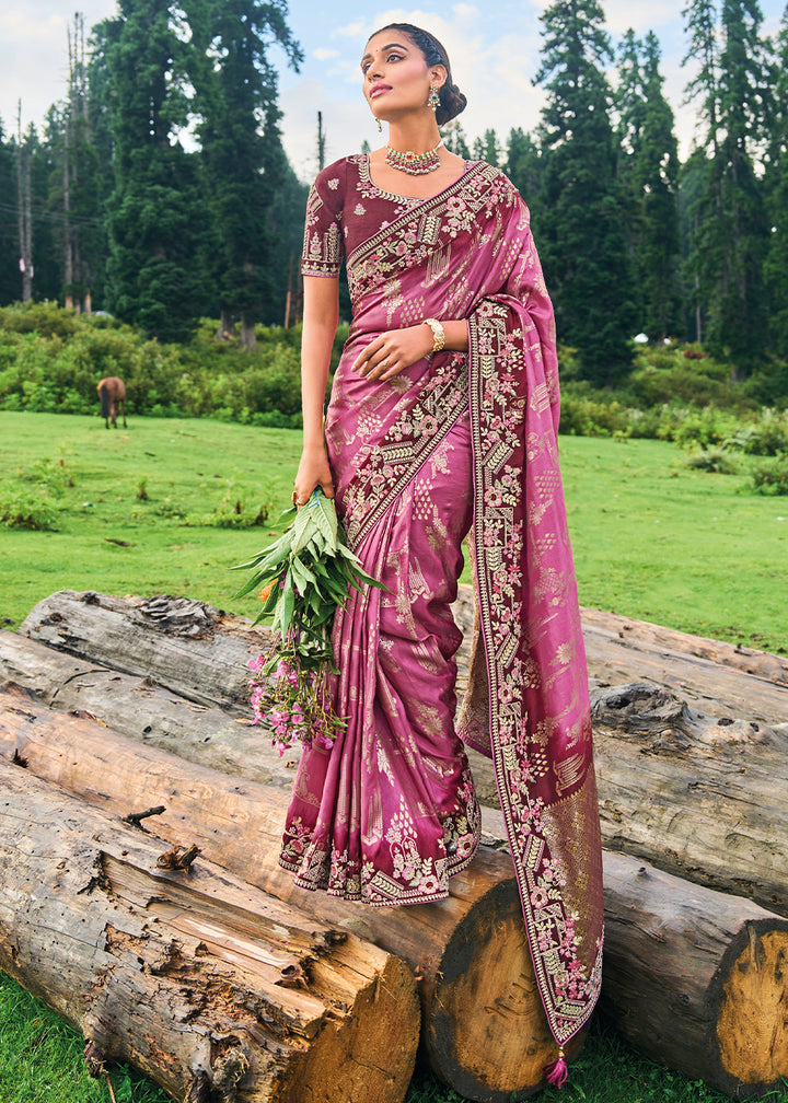 Tyrian Purple Dola Silk Saree with Intricate Embroidery work