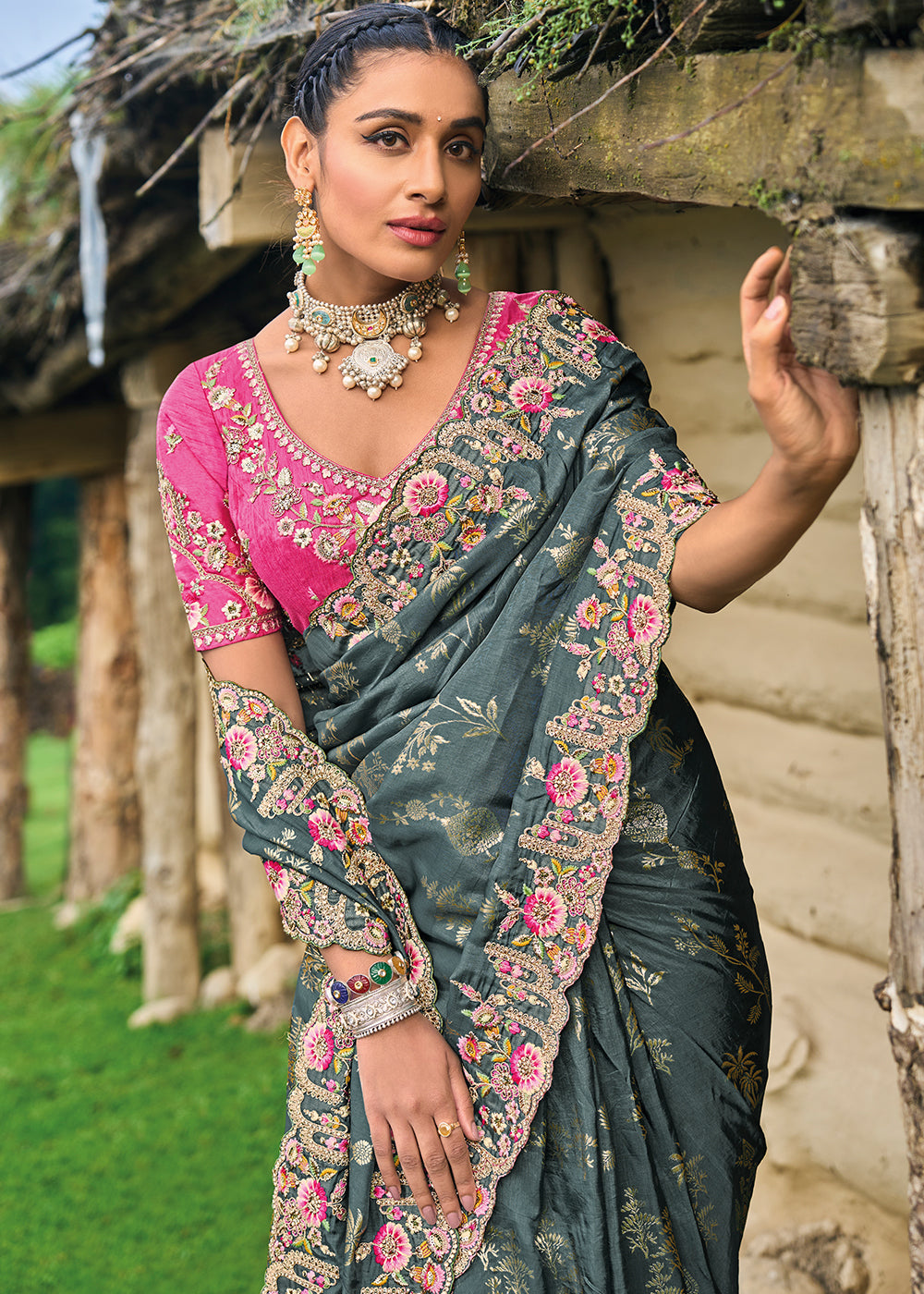 Slate Grey Dola Silk Saree with Intricate Embroidery work