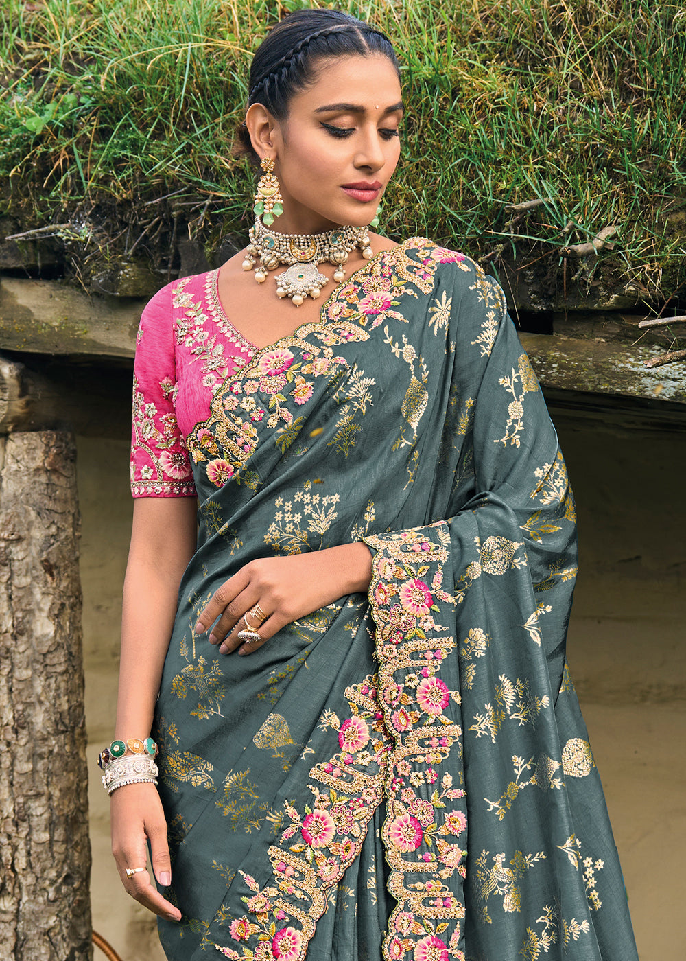 Slate Grey Dola Silk Saree with Intricate Embroidery work