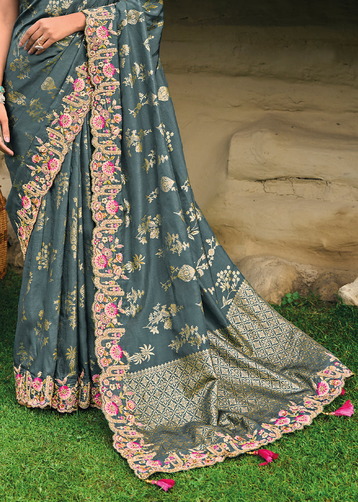 Slate Grey Dola Silk Saree with Intricate Embroidery work