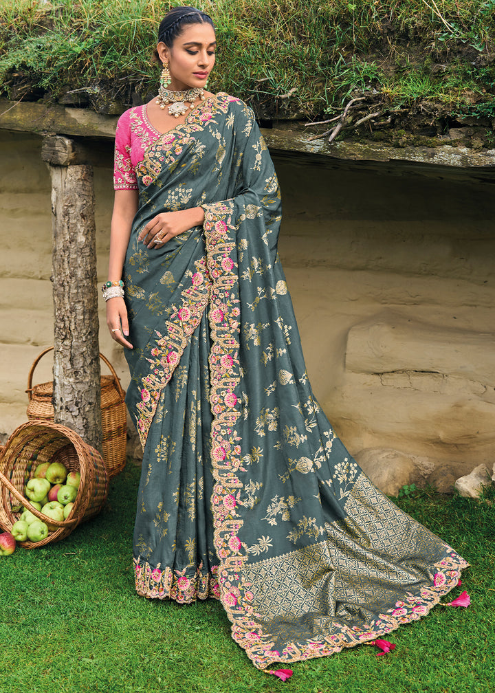 Slate Grey Dola Silk Saree with Intricate Embroidery work