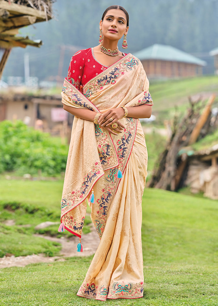 Blanched Almond Brown Dola Silk Saree with Intricate Embroidery work