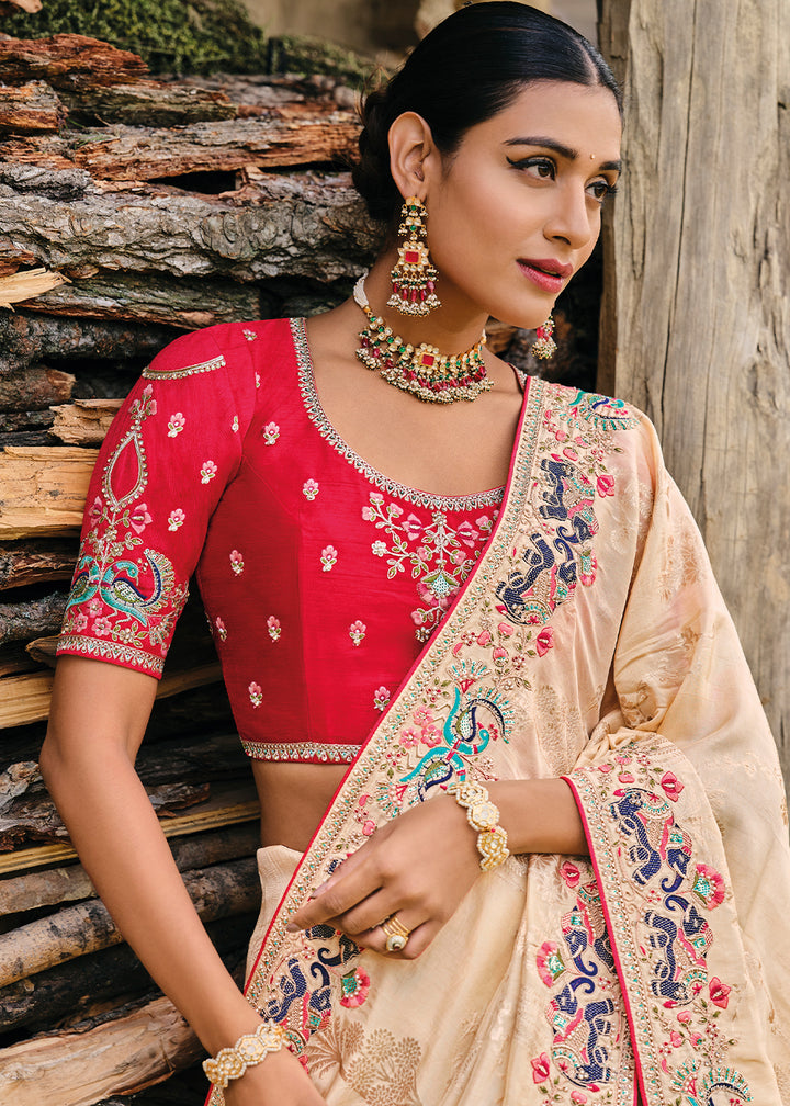 Blanched Almond Brown Dola Silk Saree with Intricate Embroidery work