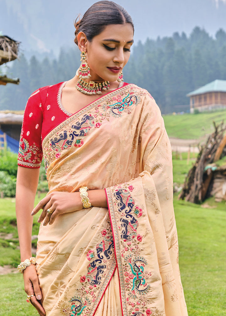 Blanched Almond Brown Dola Silk Saree with Intricate Embroidery work