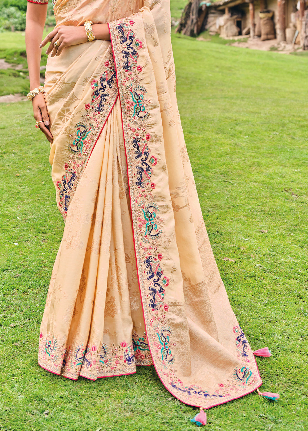 Blanched Almond Brown Dola Silk Saree with Intricate Embroidery work