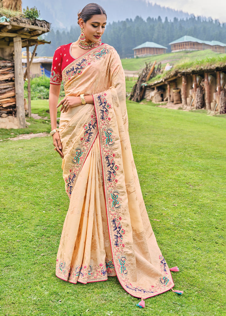 Blanched Almond Brown Dola Silk Saree with Intricate Embroidery work