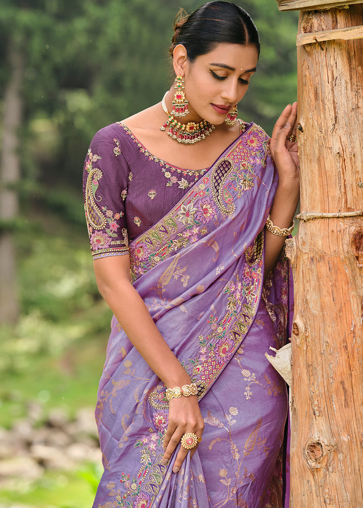 Amethyst Purple Dola Silk Saree with Intricate Embroidery work