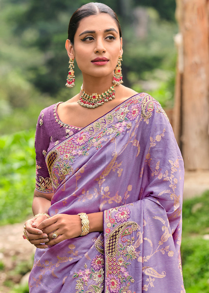 Amethyst Purple Dola Silk Saree with Intricate Embroidery work