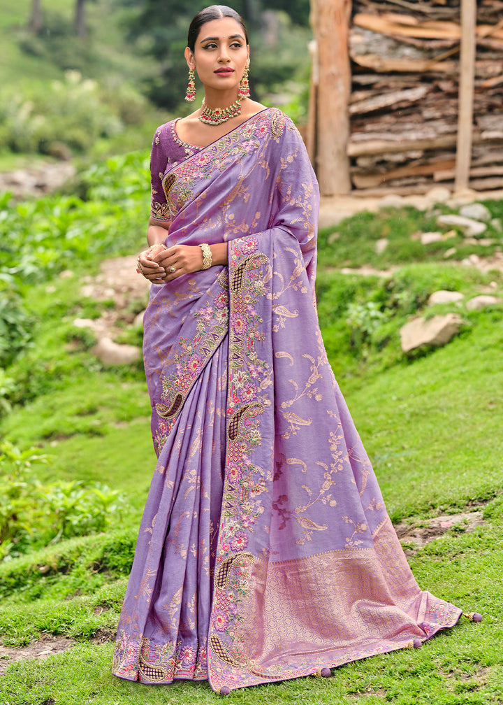 Amethyst Purple Dola Silk Saree with Intricate Embroidery work