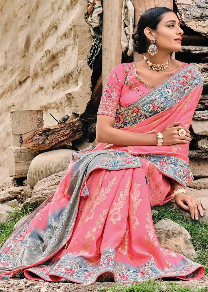 Tickle Me Pink Dola Silk Saree with Intricate Embroidery work