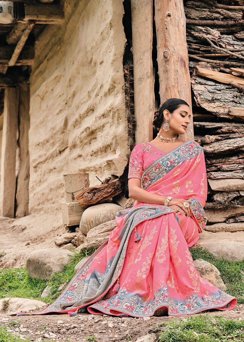 Tickle Me Pink Dola Silk Saree with Intricate Embroidery work