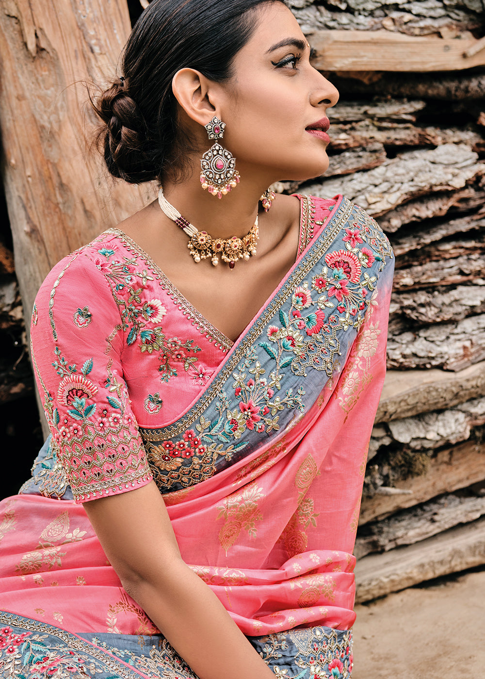 Tickle Me Pink Dola Silk Saree with Intricate Embroidery work