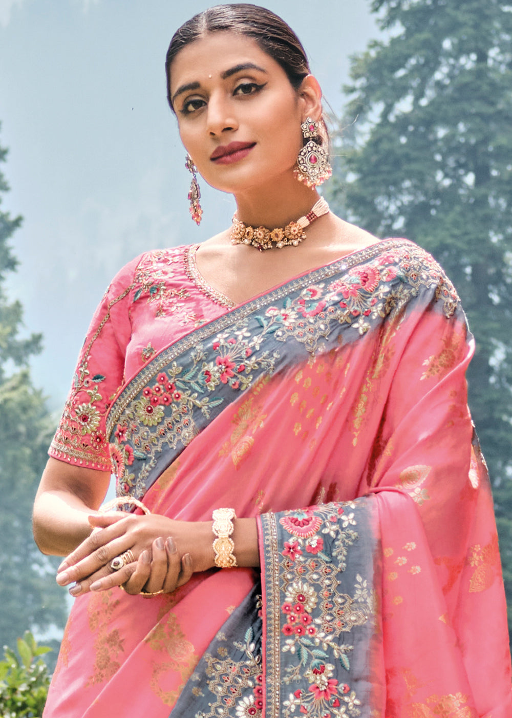 Tickle Me Pink Dola Silk Saree with Intricate Embroidery work