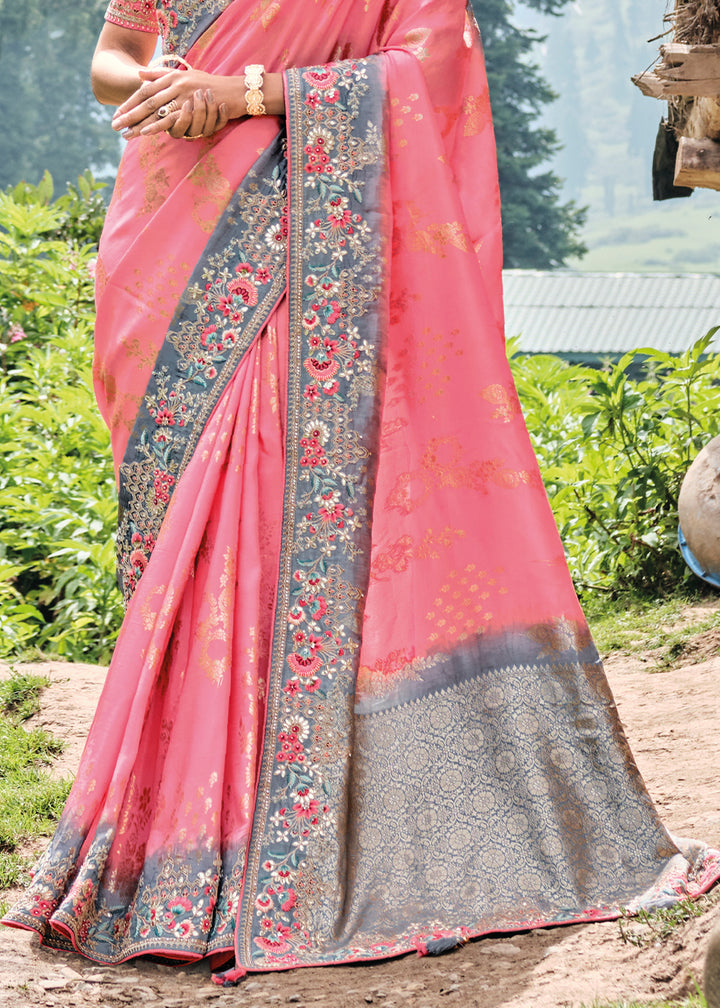 Tickle Me Pink Dola Silk Saree with Intricate Embroidery work