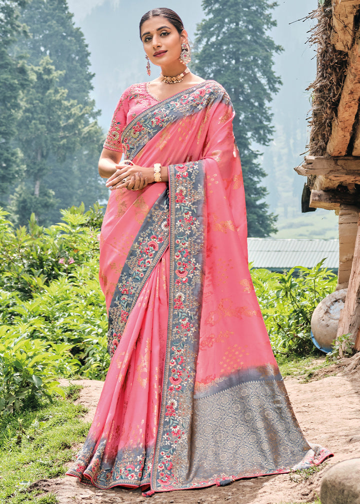 Tickle Me Pink Dola Silk Saree with Intricate Embroidery work