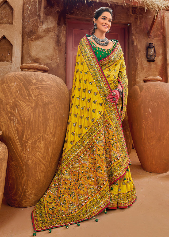 Canary Yellow Kacchi Work Banarasi Silk Saree with Diamond & Mirror Embellishments