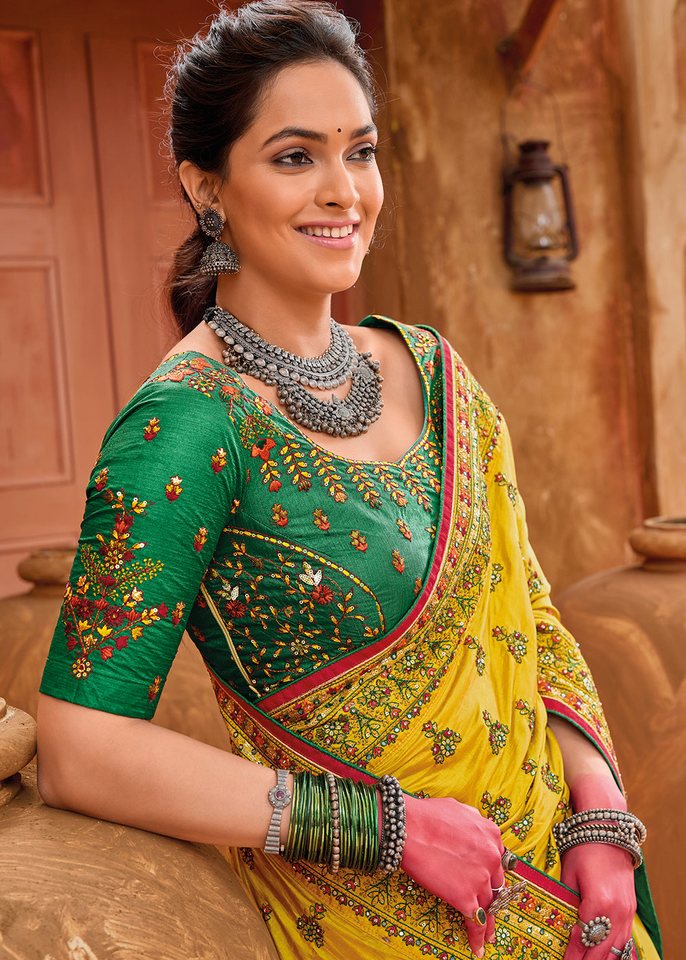 Canary Yellow Kacchi Work Banarasi Silk Saree with Diamond & Mirror Embellishments