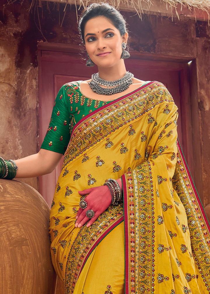Canary Yellow Kacchi Work Banarasi Silk Saree with Diamond & Mirror Embellishments
