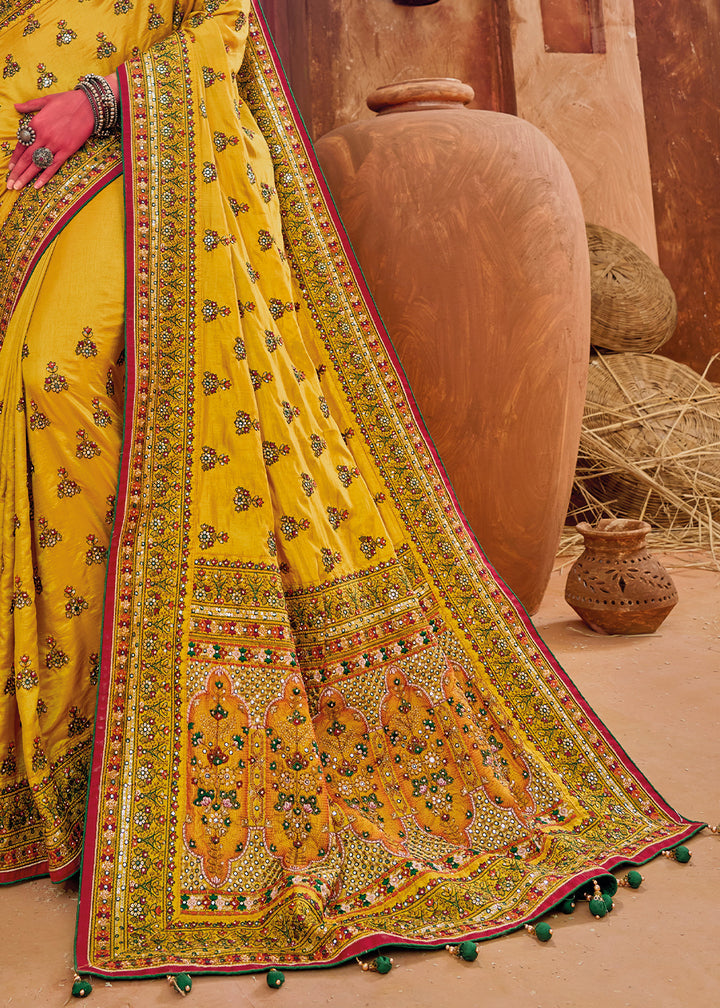 Canary Yellow Kacchi Work Banarasi Silk Saree with Diamond & Mirror Embellishments