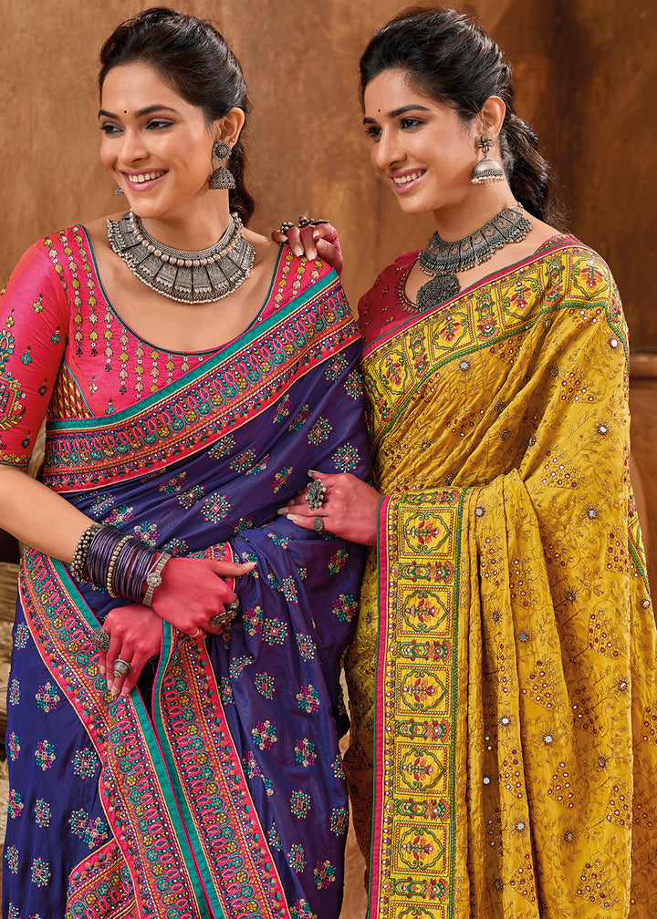 Canary Yellow Kacchi Work Banarasi Silk Saree with Diamond & Mirror Embellishments