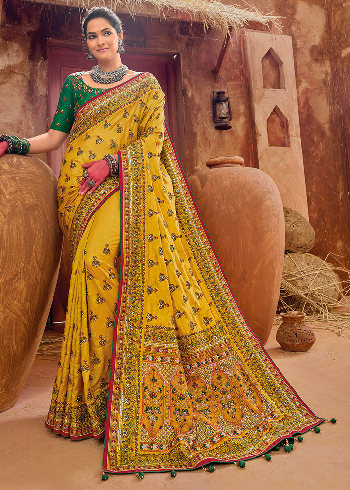 Canary Yellow Kacchi Work Banarasi Silk Saree with Diamond & Mirror Embellishments