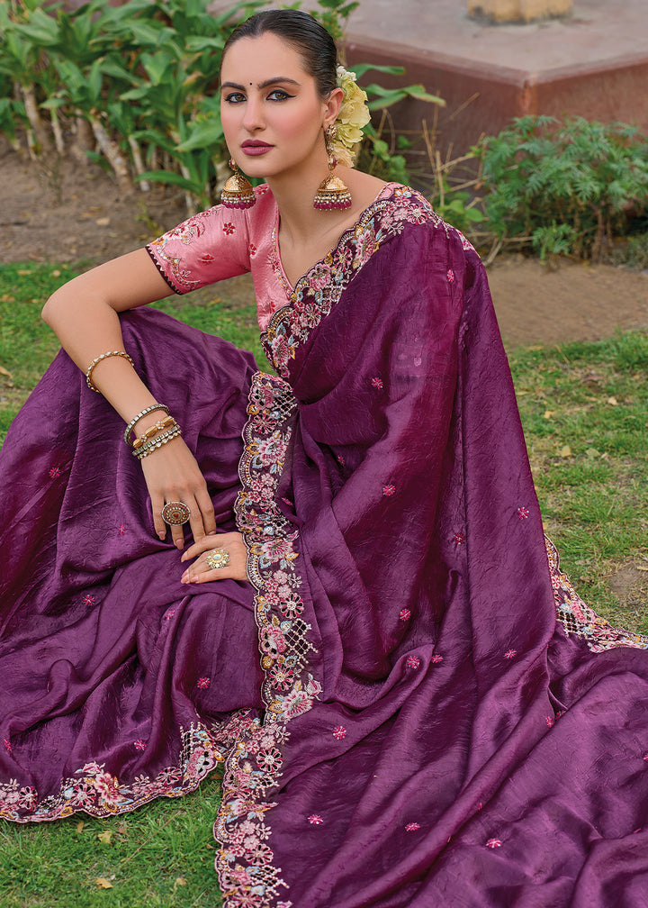 Mulberry Purple Tissue Organza Silk Saree with Embroidered Cutwork Border & Stone Sequins