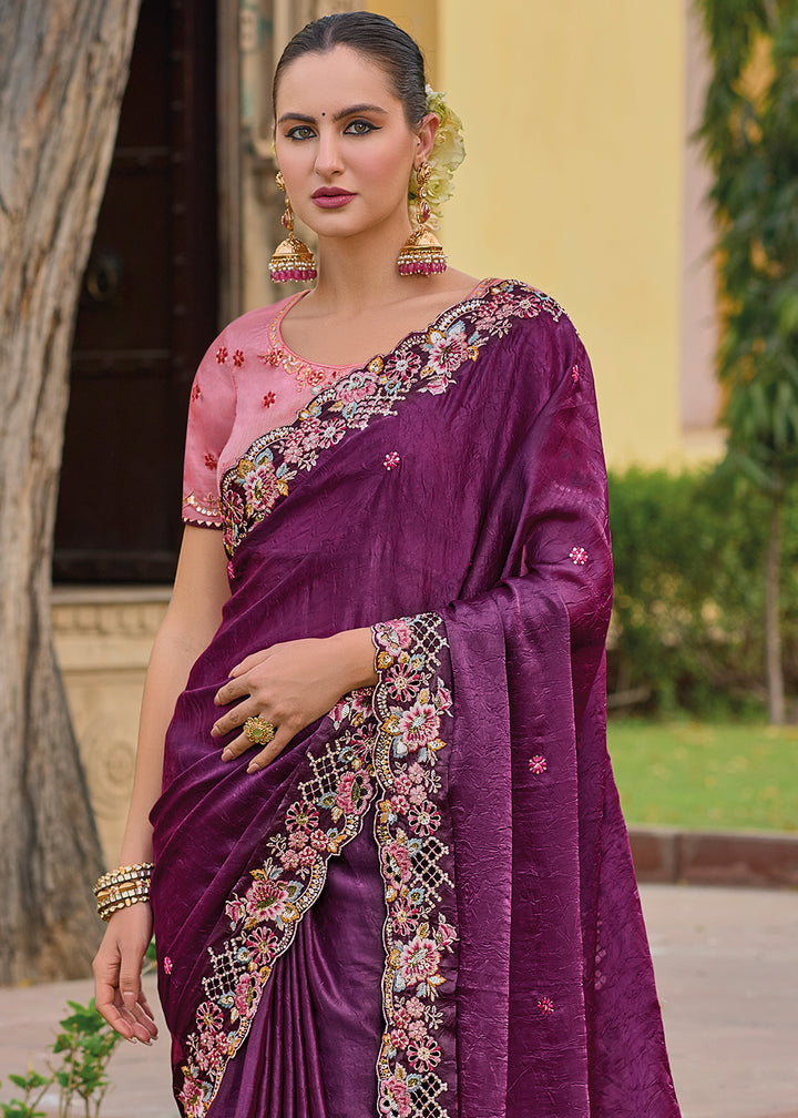 Mulberry Purple Tissue Organza Silk Saree with Embroidered Cutwork Border & Stone Sequins