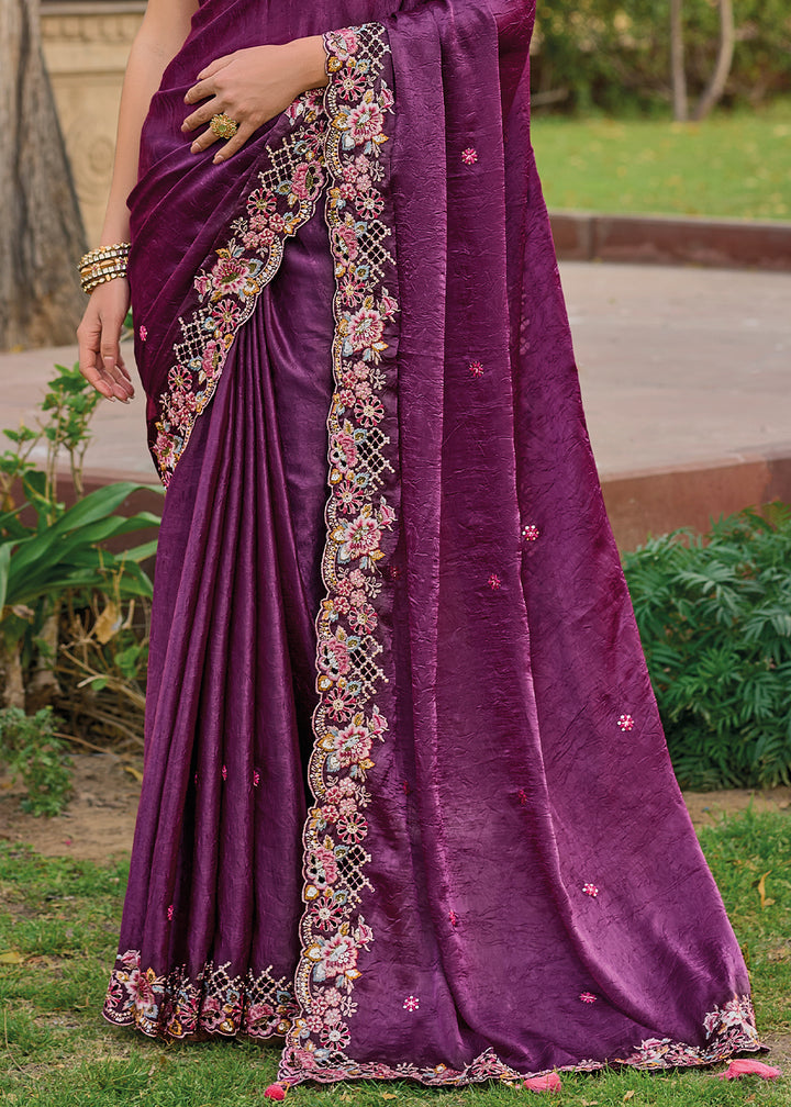 Mulberry Purple Tissue Organza Silk Saree with Embroidered Cutwork Border & Stone Sequins