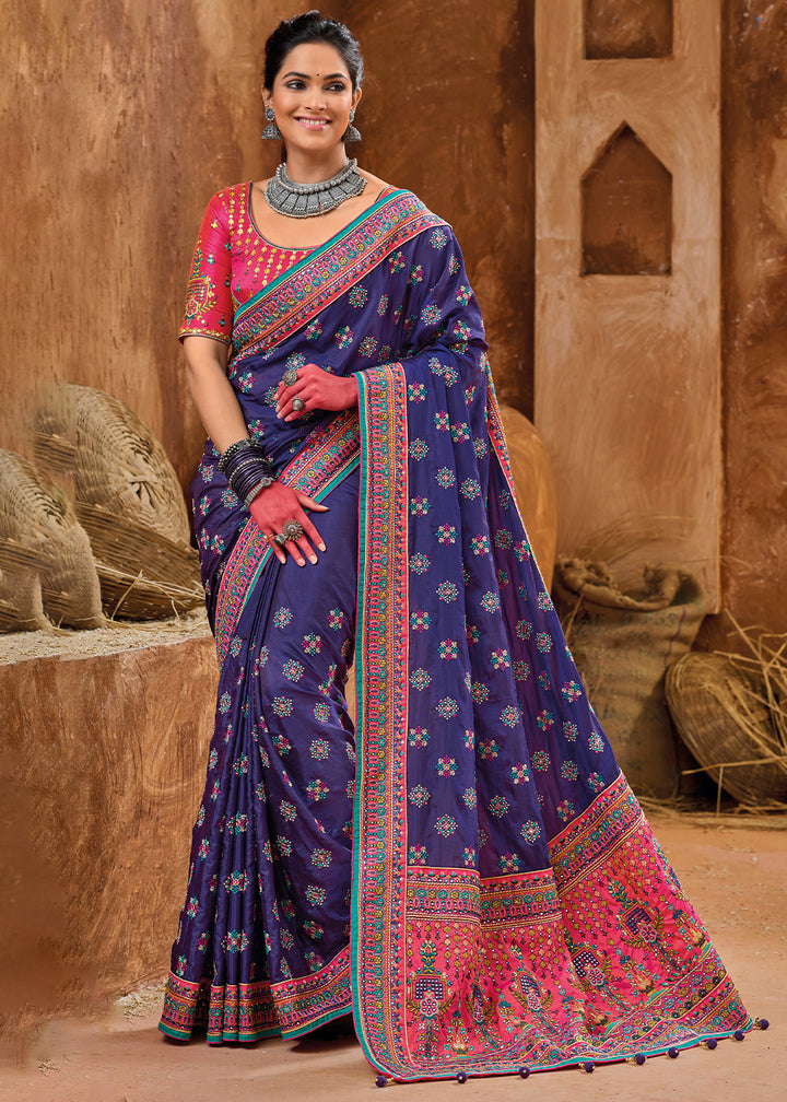 Azure Blue Kacchi Work Banarasi Silk Saree with Diamond & Mirror Embellishments