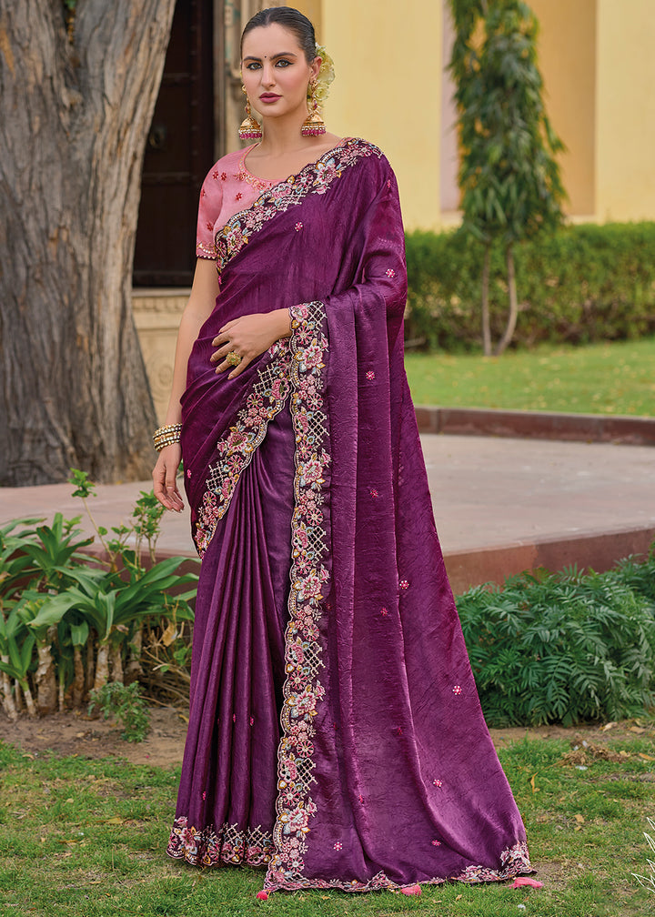 Mulberry Purple Tissue Organza Silk Saree with Embroidered Cutwork Border & Stone Sequins