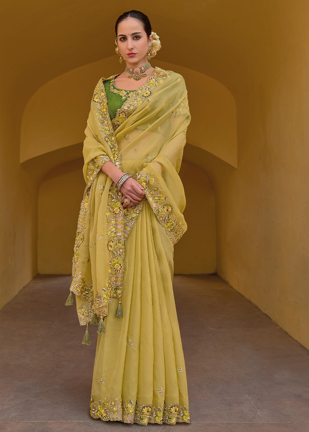 Crayola Lemon Yellow Tissue Organza Silk Saree with Embroidered Cutwork Border & Stone Sequins