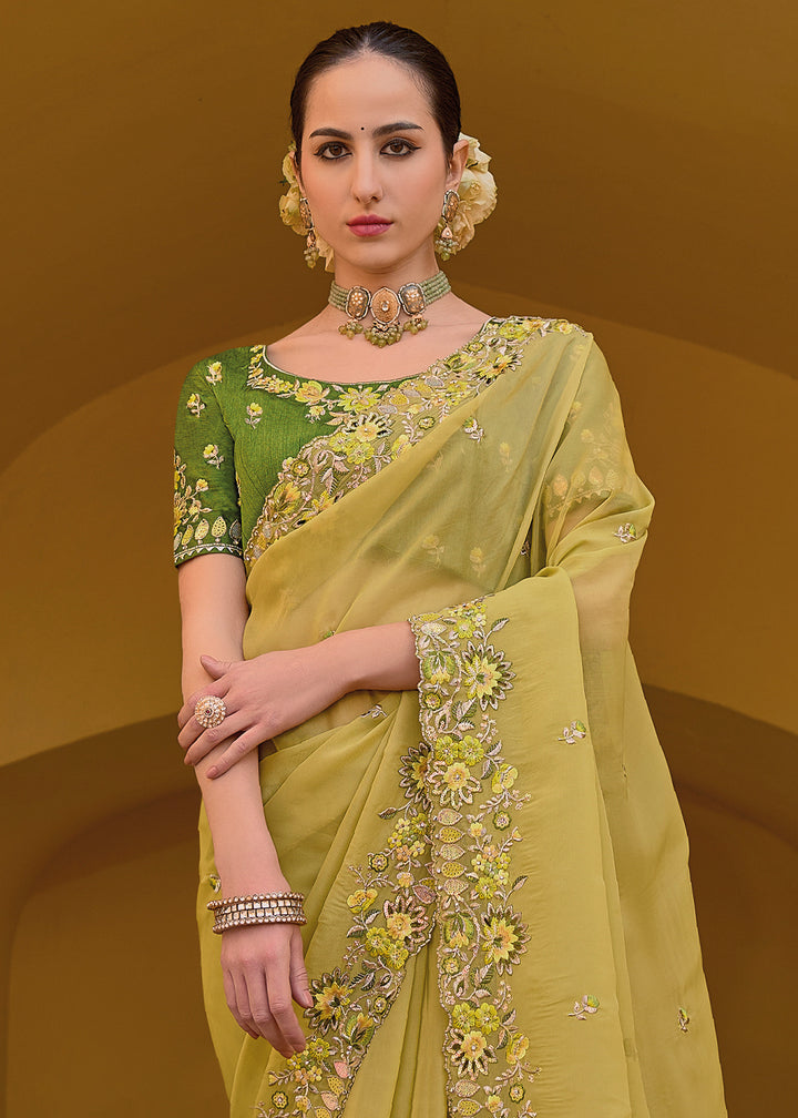 Crayola Lemon Yellow Tissue Organza Silk Saree with Embroidered Cutwork Border & Stone Sequins